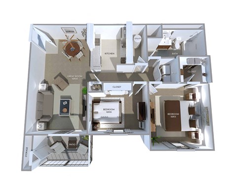 Floor plan for 2 beds, 1 bath, 878 sqft